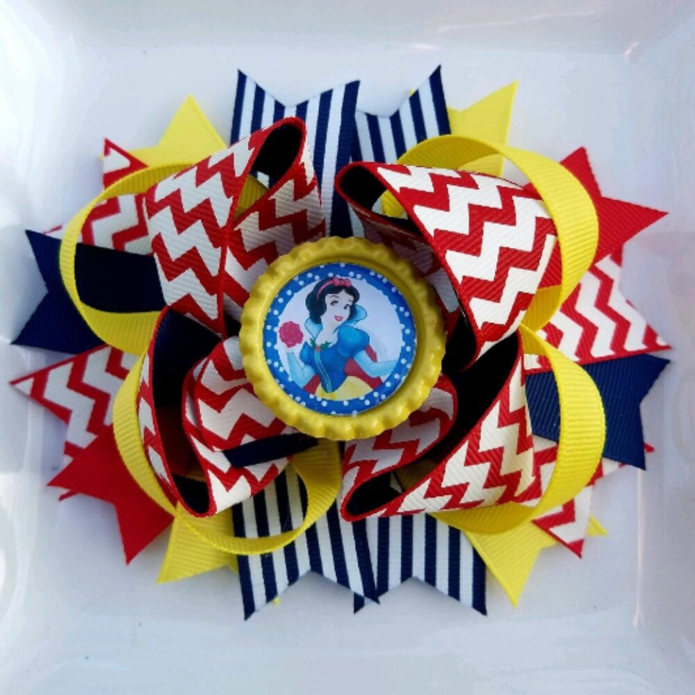 Snow White Disney Princess Yellow Red Blue Bottle Cap Hair Bow 5"